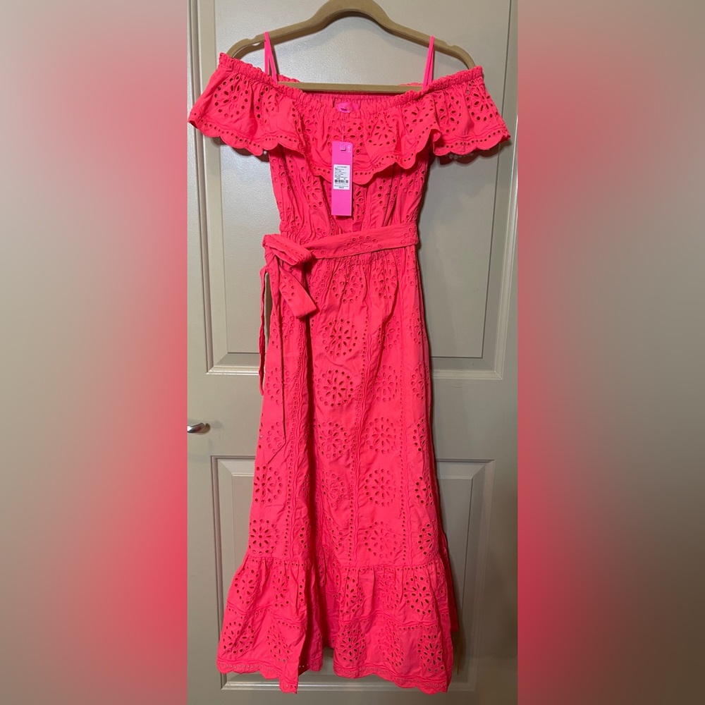COPY - Lilly Pulitzer Liabella Off Shoulder Midi Dress Coral Sunnyside Eyelet s…